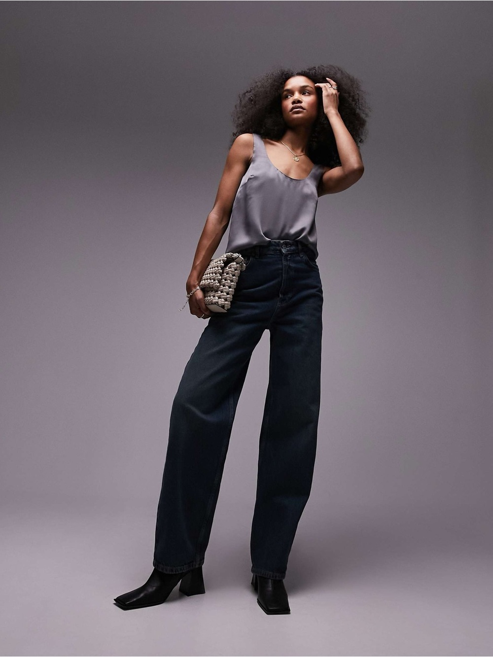 Topshop Satin Silky Scoop Neck Tank in Charcoal Gray -in size 4
